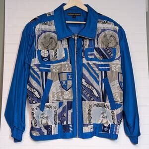 Vtg 90s Silk women windbreaker jacket River Edge size Large zip-up blue heraldic